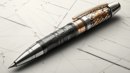 Poster - Intricate technical design of a pen with precise lines and measurements, emphasizing the mechanical and artistic construction of the writing tool