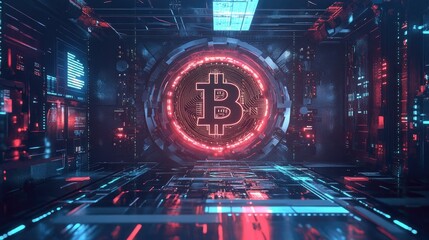 Poster - Intricate, high-tech cryptocurrency vault with advanced security features, glowing digital interfaces, and sleek metallic textures, creating a futuristic financial setting