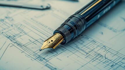 Poster - Intricate technical design of a pen with precise lines and measurements, emphasizing the mechanical and artistic construction of the writing tool