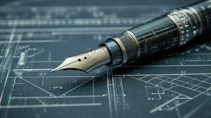 Poster - Intricate technical design of a pen with precise lines and measurements, emphasizing the mechanical and artistic construction of the writing tool