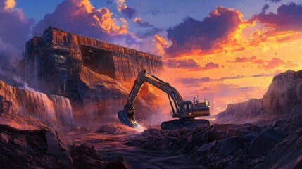Poster - Sunrise over a rugged mining landscape with an excavator in action, dramatic cliffs and a vibrant sky full of colorful clouds, evoking the scale and power of the operation