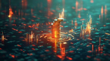 Poster - Digital currency growth stacked coins and data visualization virtual environment infographic style economic insights
