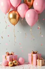 Wall Mural - Pink and golden balloons, confetti and gift boxes on light background