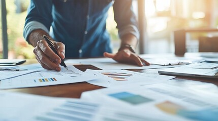 Poster - Analyzing business reports office workspace document review bright environment close-up professional development