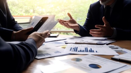 Poster - Strategic business meeting office space report analysis professional environment close-up perspective collaboration insights