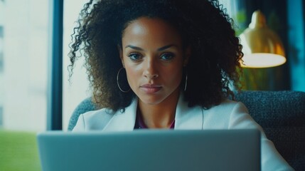 Poster - Focused businesswoman working on laptop in modern office space professional environment motivational concept