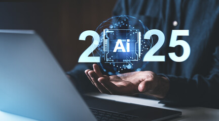 Poster - 2025 ai technology forecast visualization above human hand with laptop in background.