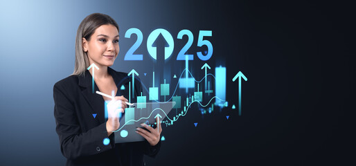 Poster - A woman holding a tablet, analyzing candlestick charts with 2025