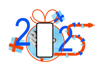 Poster - Smartphone mockup with 2025 design and gift elements in abstract style.