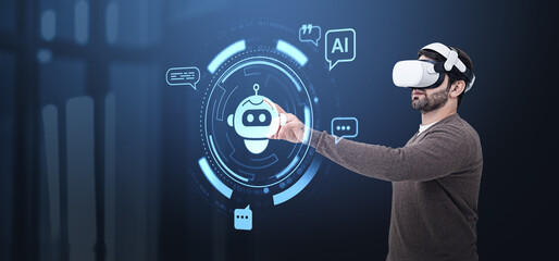 Poster - man using vr headset interacting with ai robot interface on digi