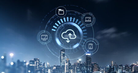 Poster - cloud storage service concept with digital icons over a futuristic urban skyline at night.