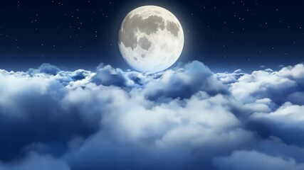 Aufkleber - The full moon illuminates a serene evening sky, casting a soft glow over fluffy clouds. Stars twinkle gently, creating a tranquil atmosphere.
