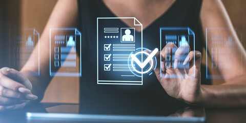 Poster - Woman interacting with digital holographic documents with checklists and profiles in a futuristic workspace, wearing black outfit.