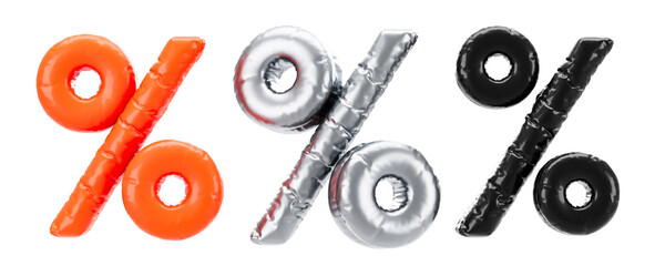 Poster - Colorful balloon-style percentage signs in orange, silver, and dark shades. 3D Rendering
