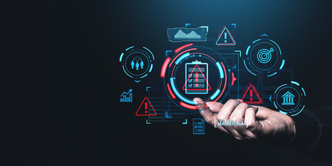 Poster - hand interacting with futuristic digital icons representing risk management and safety on a dark bac