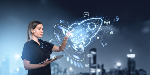 Poster - Businesswoman interacting with futuristic holographic rocket, il