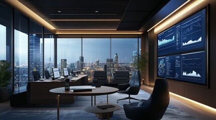Poster - Dynamic business meeting modern office digital analytics urban skyline professional environment growth insights for future planning