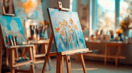 Poster - Artistic Studio with Beautiful Impressionist Floral Canvas on Easel : Generative AI