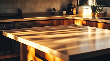 Poster - Sunlit Modern Kitchen Interior with Wooden Countertop and Natural Light : Generative AI