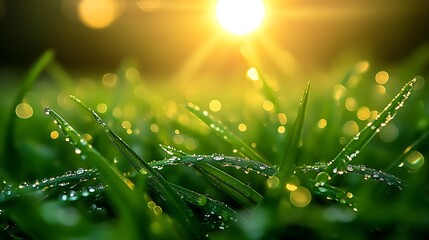 Aufkleber - Close Up of Dew Covered Grass Blades with Sunlight Bokeh Background : Generative AI