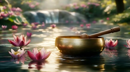 Aufkleber - Meditative Zen Bowl and Lotus Flowers in Tranquil Scenic Water Garden : Generative AI