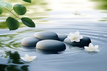 Poster - Tranquil spa scene with white lotus flowers and balancing stones on calm water surface : Generative AI