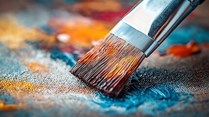 Poster - Macro View of Paintbrush Spreading Bright Colors on Canvas : Generative AI