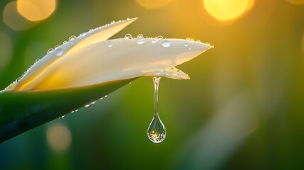 Poster - Close-up of dew drop on flower petal in golden sunlight offers serene and refreshing nature backdrop : Generative AI