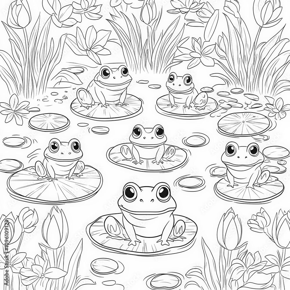 A magical pond with frogs and lily pads, coloring page for kids, simple ...