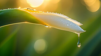 Poster - Dew drop on edge of green leafy plant illuminated by gentle morning sunlight : Generative AI