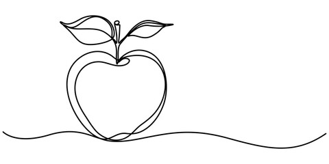 Poster - A simple continuous line drawing of an apple on a uniform white background, Continuous one single line art drawing of apples icon organic food vector, continuous line drawing of apple fruit. one line 
