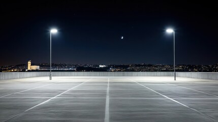 Aufkleber - A nighttime view of an empty rooftop parking lot illuminated by streetlights.