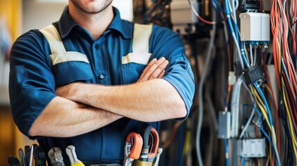 Poster - A technician poses confidently in a workshop, surrounded by electrical equipment and tools.