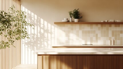 Poster - Scandinavian Kitchen Design with Sunlit Shelves and Green Foliage Accents : Generative AI