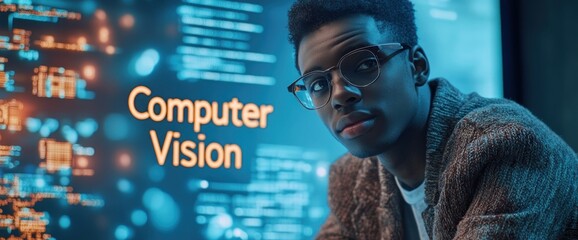 Poster - A young man poses in front of a digital display about computer vision technology.