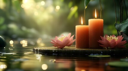 Poster - Zen Garden Sanctuary with Candles and Lotus Flowers Creating a Soothing Atmosphere : Generative AI
