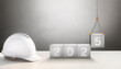 © noppadon - Happy New Year 2025 Construction and Industry. White Helmet and a numbered concrete cube on the desk of an engineer or construction worker. building with Cranes construction concept.