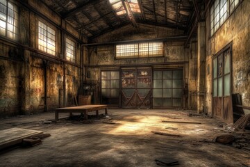 Poster - An abandoned industrial space with worn walls, scattered debris, and shafts of light.