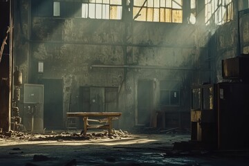Poster - An abandoned industrial space with sunlight streaming through dusty windows onto a table.