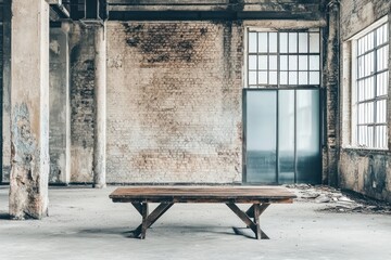 Aufkleber - An empty industrial space featuring a wooden table in a minimalist setting.