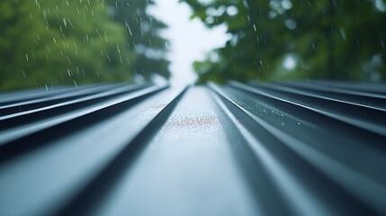 Poster - Close-Up Focus on Rain-Drenched Metal Roof with Forest Scenery Background : Generative AI
