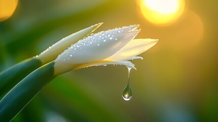 Poster - Serene nature scene with dew drop on white flower petal reflecting sunlight : Generative AI