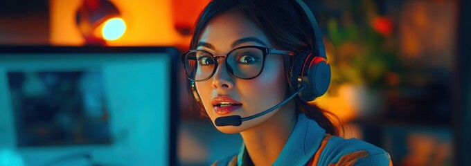 Poster - A woman wearing a headset, engaged in a virtual conversation in a cozy environment.