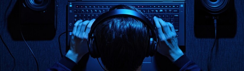 Poster - A person wearing headphones, focused on a keyboard in a dimly lit environment.