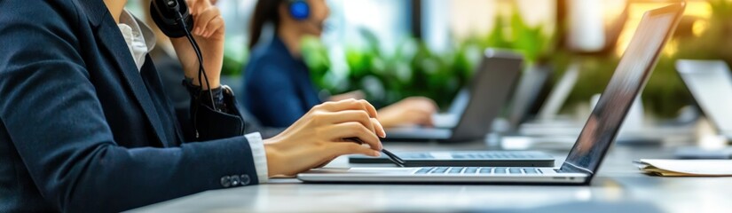 Poster - An office setting with professionals engaged in work on laptops and using headsets.