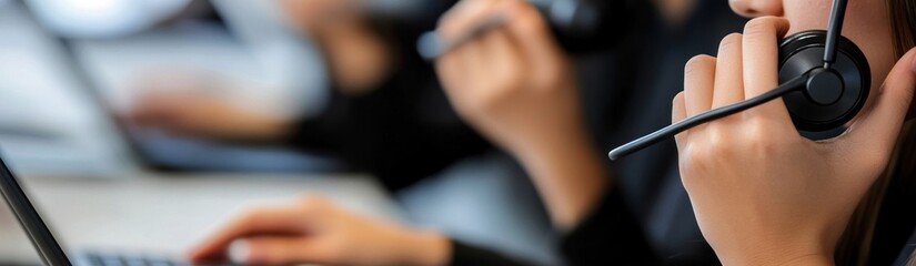 Poster - A group of individuals using headsets while working on computers in a call center environment.