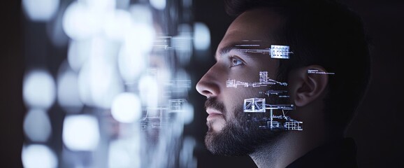 Aufkleber - A man gazes thoughtfully with digital data overlays, symbolizing technology and innovation.