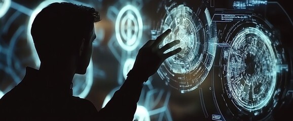 Poster - A person interacts with a futuristic digital interface displaying data and graphics.