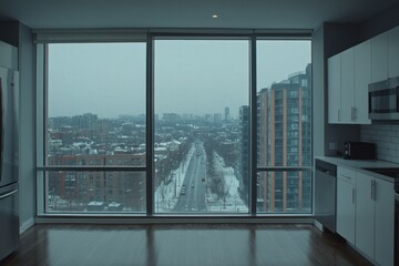 Poster - A modern kitchen with a panoramic view of a snowy cityscape through large windows.