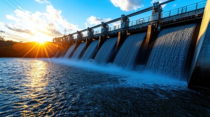 green energy hydropower energy storage concept. a serene sunset over a dam, showcasing cascading wat
